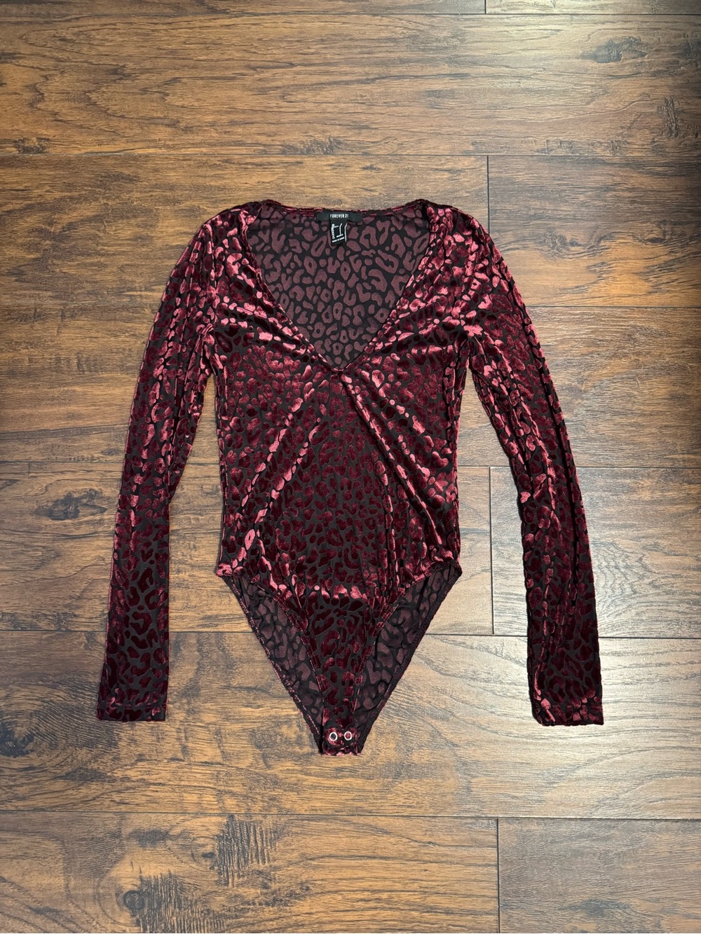 Forever 21 Burgundy Velvet Leopard-Print Long Sleeve Bodysuit